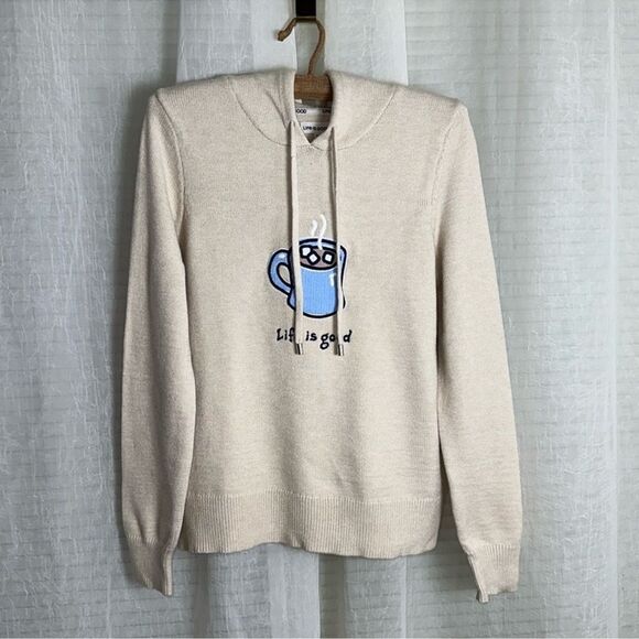 Life is Good S Ivory White Blue Tan Hot Marshmallow Chocolate Hooded Sweater - Picture 1 of 12